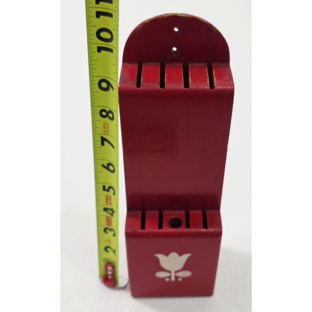 Vintage Kitchen Red Floral Knife Holder Wooden Block Wall Mount